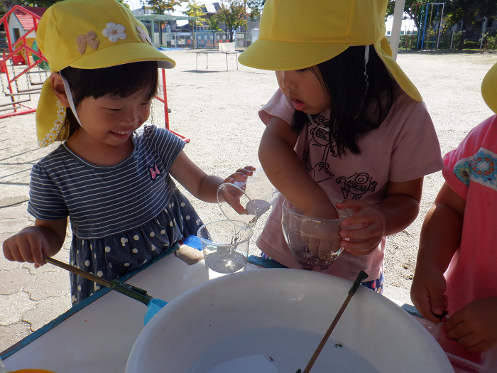 カップで水の入れ替えをして遊んでいる3歳児