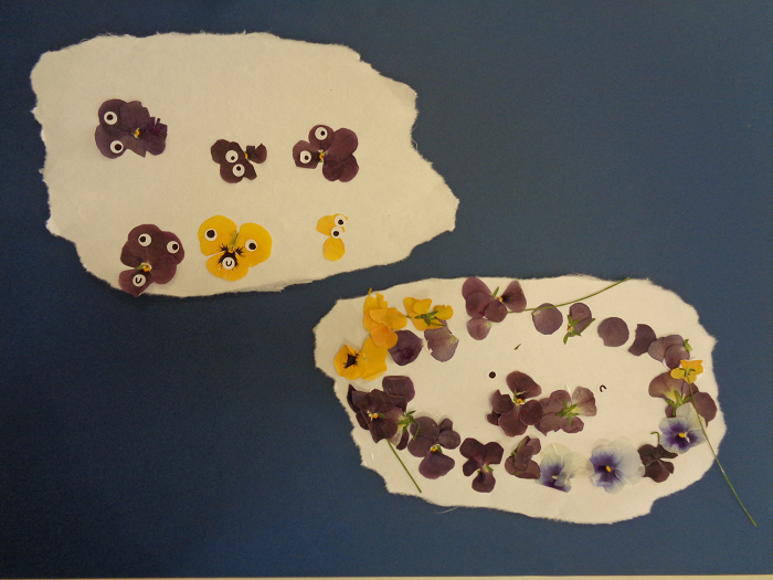 落ち花で構成遊びをした子どもの作品