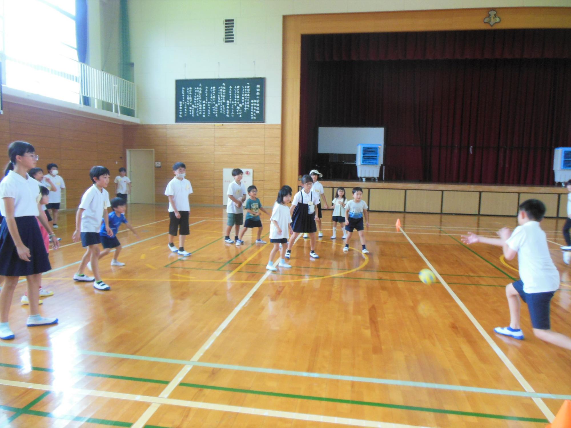 小学校の体育館で転がしドッジボールをしている様子