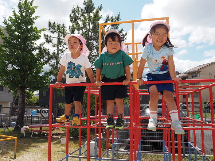 ジャングルジムに登っている3歳児