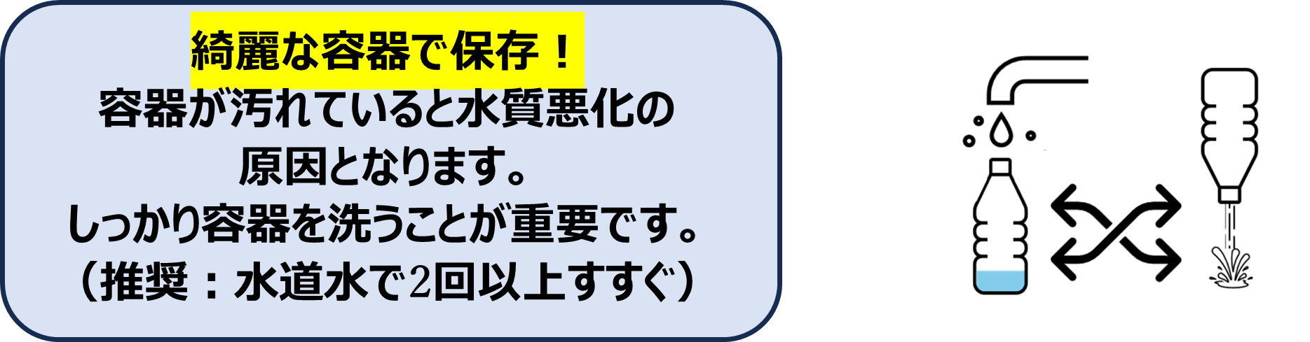 綺麗な容器で保存する。容器が汚れていると水質悪化の 原因となります。 しっかり容器を洗うことが重要です。 推奨:水道水で2回以上すすぐ