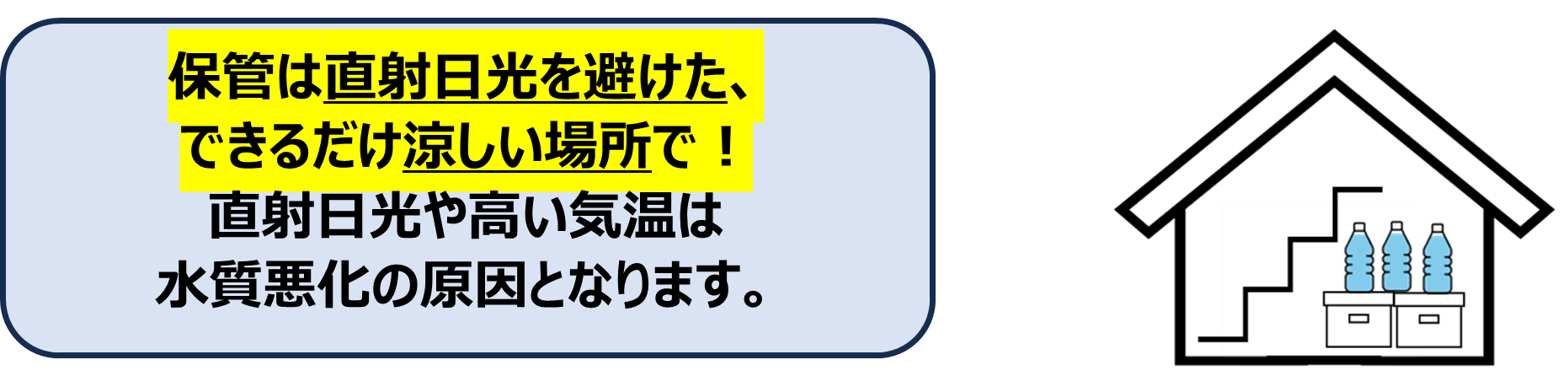 保管は直射日光を避けたできるだけ涼しい場所で行う。直射日光や高い気温は 水質悪化の原因となります。