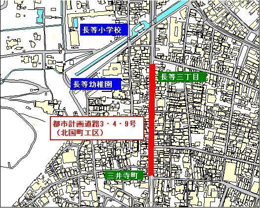 都市計画道路3・4・9号北国町工区位置図の画像