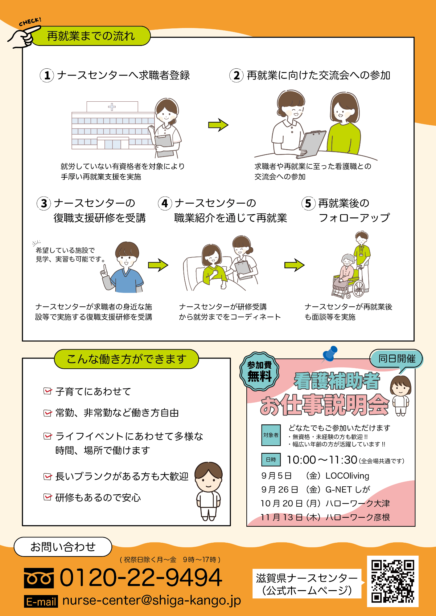 再就業までの流れ1.ナースセンターへ求職者登録2.再就業に向けた交流会の参加3.ナースセンターの復職支援研修を受講4.ナースセンターの職業紹介を通じて再就業5.再就業後のフォローアップ