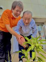ピーマンと職員さんと利用者さんの写真
