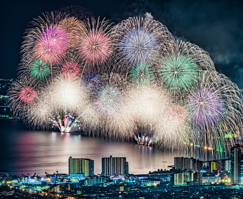 琵琶湖大花火大会で複数の花火が湖上に打ち上げられている様子と大津市の夜景