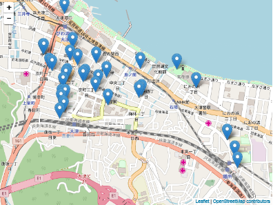 びわ湖 Free Wi-Fiアクセスポイント一覧を地図上で見た時のイメージ（市内一部エリアのみ表示）