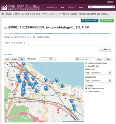 びわ湖 Free Wi-Fiアクセスポイント一覧のデータをマップ表示した画面（市内一部エリアを表示）