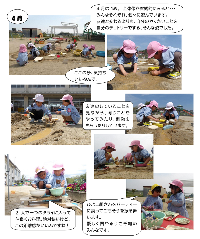 4歳児,4月の遊びの様子を伝える園内掲示