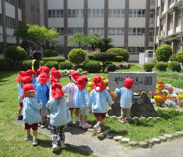 4歳児が中学校の中庭を散歩しているところ