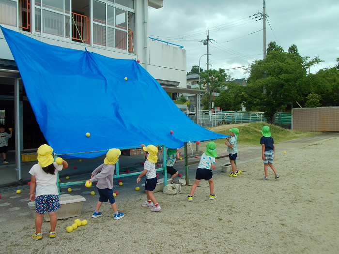 園舎の二階からシートを垂らし、そこに子ども達が玉を投げて遊んでいる。