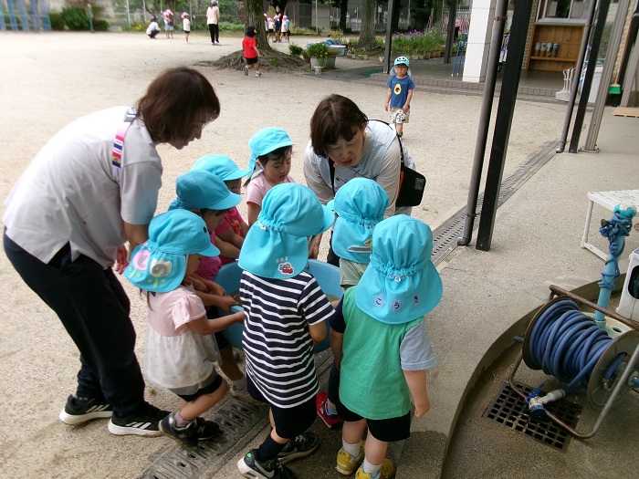 子どもと教師が力を合わせて水の入ったたらいを運んでいる様子