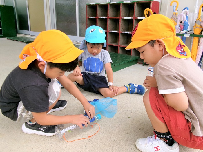 4歳児の子どもが3歳児が捕まえた虫を虫かごに移してあげているところ