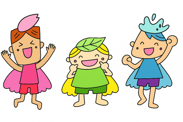 志賀幼稚園のキャラクターげんちゃん、えっちゃん、やっちゃんのイラスト