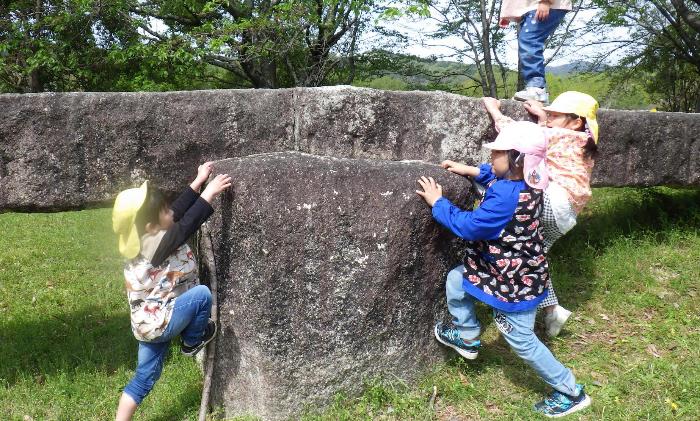 淀公園で岩登りに挑戦する4・5歳児