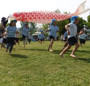 こいのぼりの下を裸足で走る子どもたち