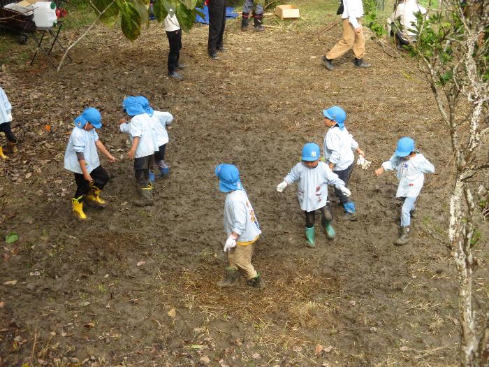 田んぼの泥を踏んで遊ぶこどもたち