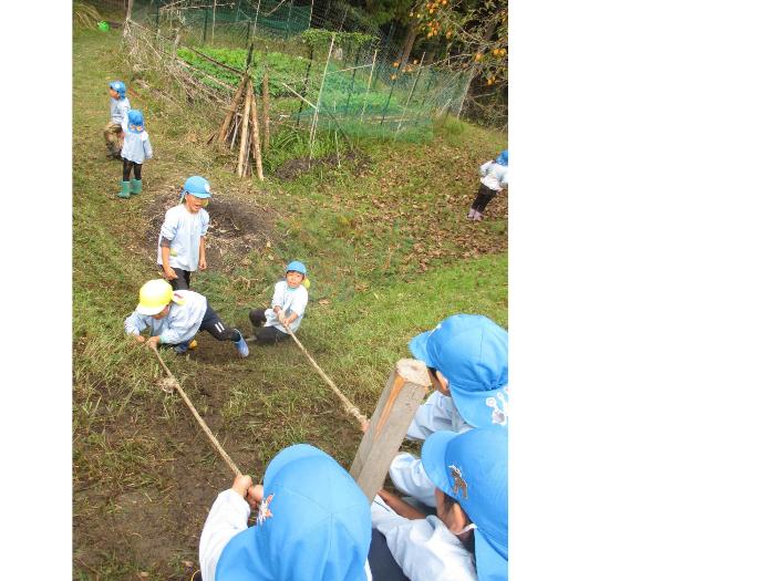 棚田の土手をロープを使って登る子どもたち