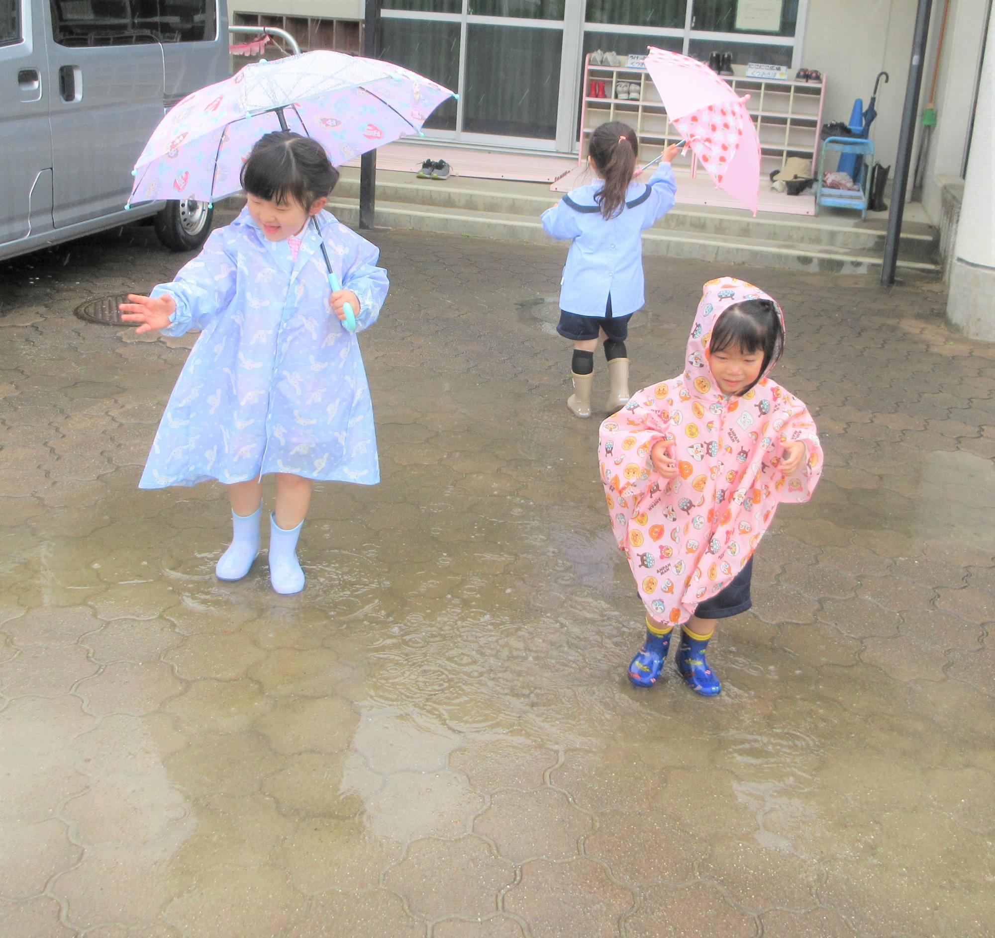 傘をさして水たまりで遊ぶ様子