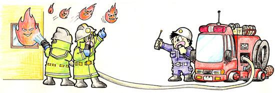 火災のイメージイラスト　消防士と消防車