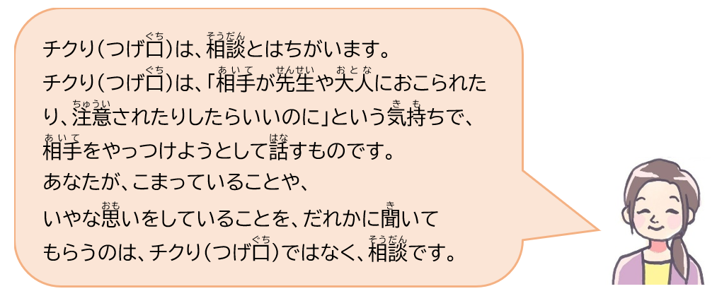 チクり（つげ口）は、相談とはちがいます。チクり（つげ口）は、「相手が先生や大人におこられたり、注意されたりしたらいいのに」という気持ちで、相手をやっつけようとして話すものです。あなたが、こまっていることや、いやな思いをしていることを、だれかに聞いてもらうのは、チクり（つげ口）ではなく、相談です。