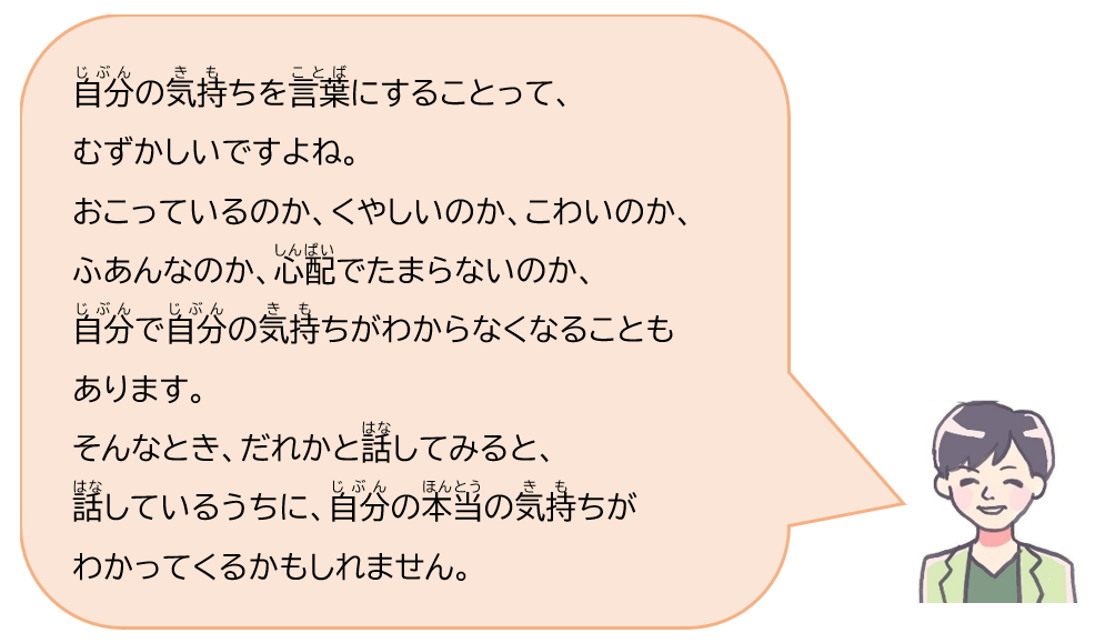 自分の気持ちを言葉にすることって、むずかしいですよね。おこっているのか、くやしいのか、こわいのか、ふあんなのか、心配でたまらないのか、自分で自分の気持ちがわからなくなることもあります。そんなとき、だれかと話してみると、話しているうちに、自分の本当の気持ちがわかってくるかもしれません。