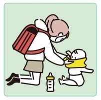 ランドセルを背負った子どもが乳児の着替えをしている