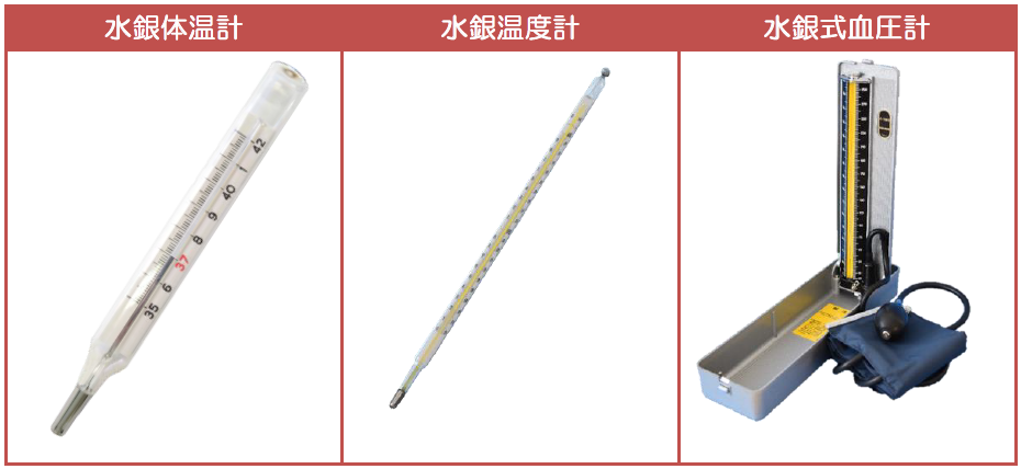 左から「水銀体温計」、「水銀温度計」、「水銀式血圧計」の見本写真