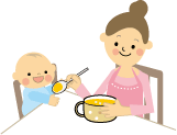 離乳食を食べさす親と離乳食を食べる子どものイラスト