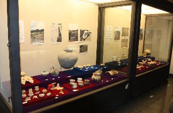 昨年度の速報展でガラスケースに土器などが展示されている様子