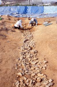 瀬田廃寺の西築地塀雨落ち溝の検出状況